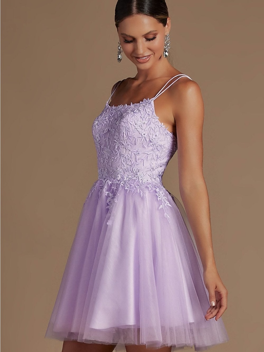 Sugar Lavender Lace Appliqué Mini Dress with Double Straps